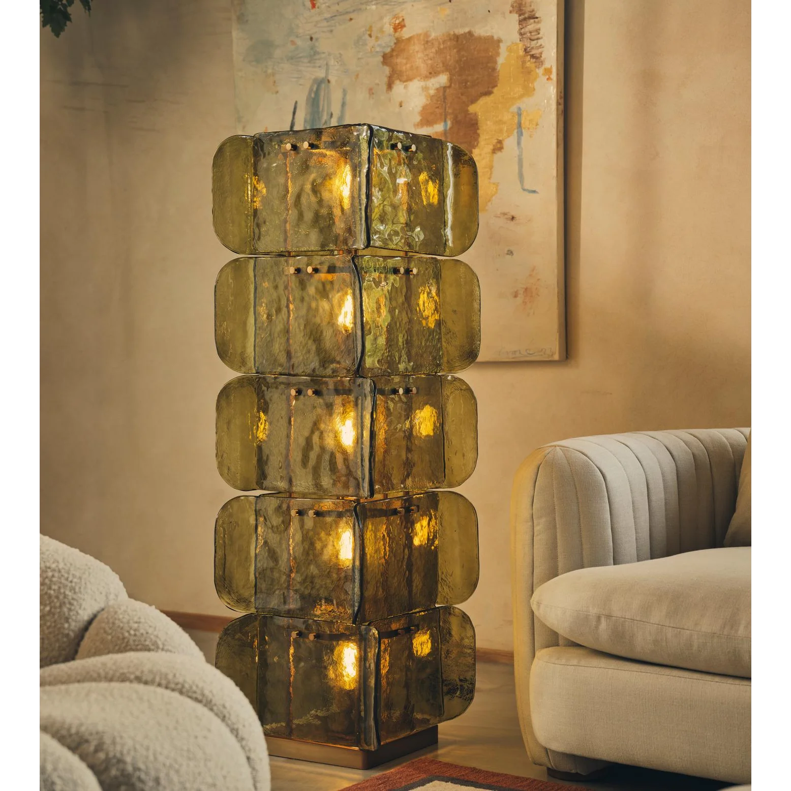 Living Room Hand Blown Olive Glass Totem Floor Lamp – Mid Century Modern Statement Lighting Warm Diffused Glow