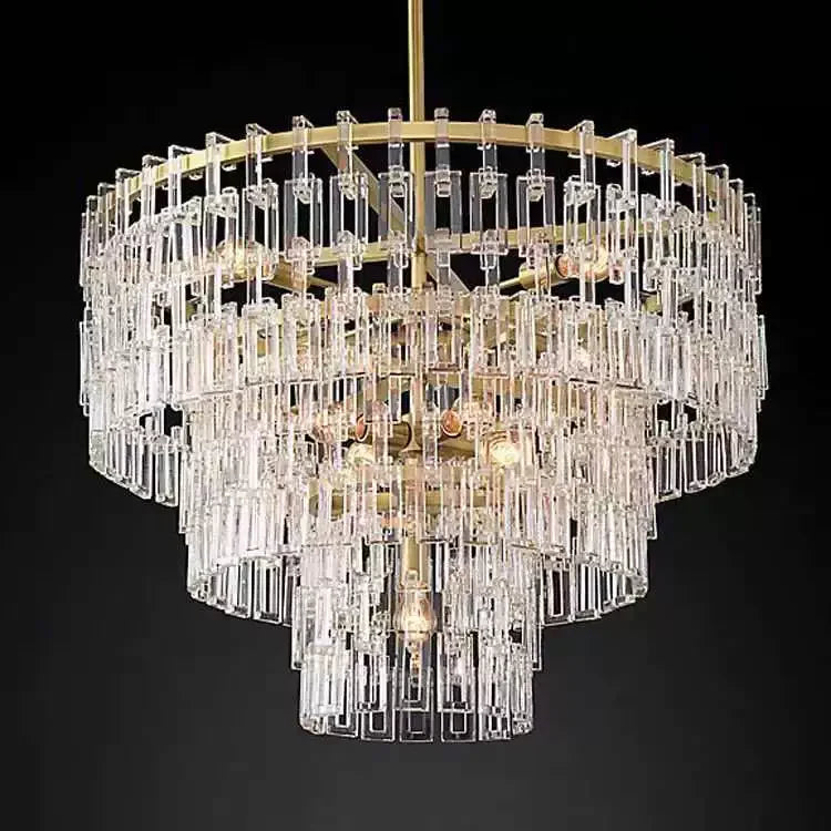 Hand Cut Crystal Tiered Chandelier | New York Atelier Brass Ring | Gold Dimmable Living Fixture