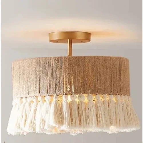 Woven Rattan Pendant Light | Hand-knitted Boho Hanging Lamp with Cotton Frills Living Room & Dining Casalolalights
