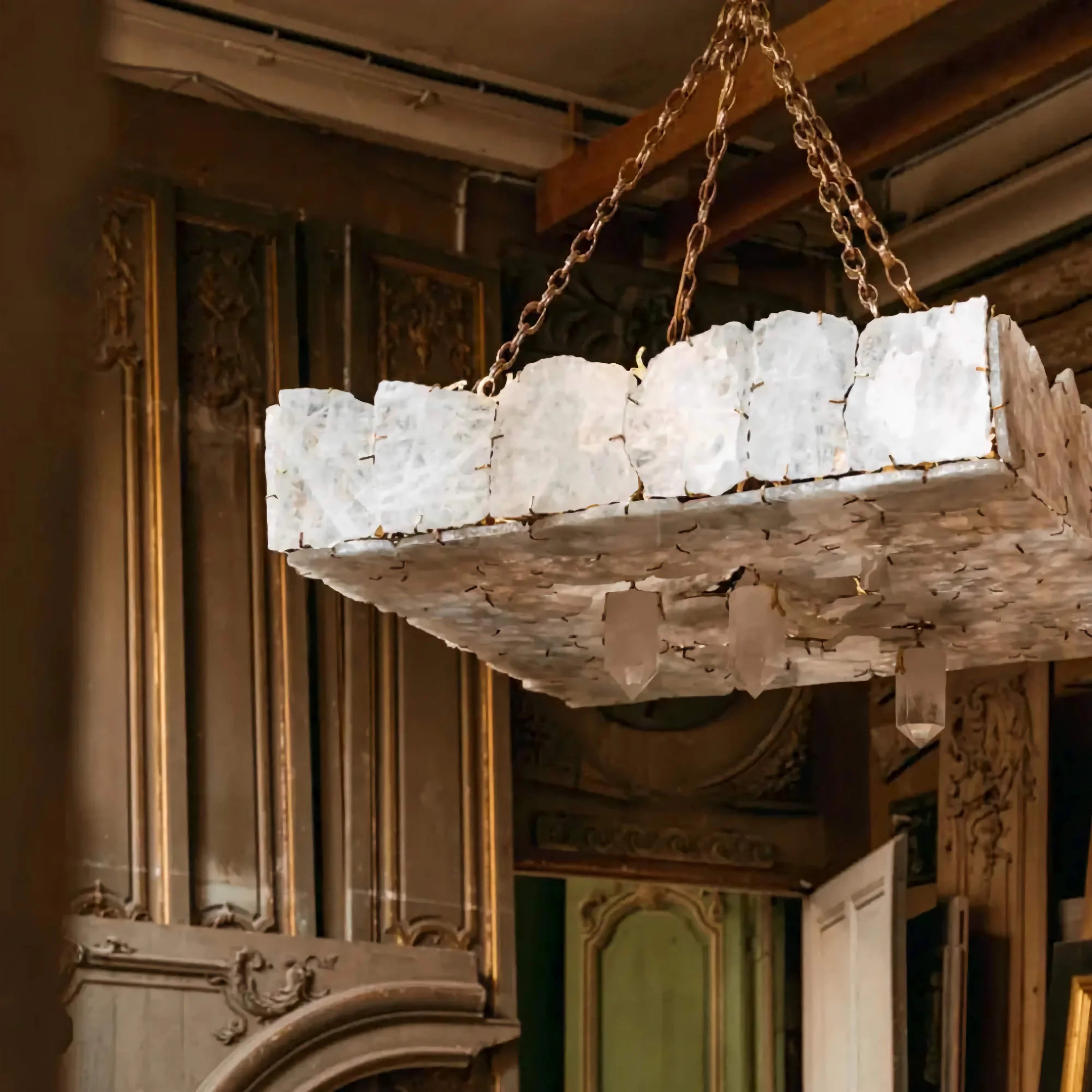 Handcrafted Marble & Gold Chandelier – Luxury Rectangular Lighting