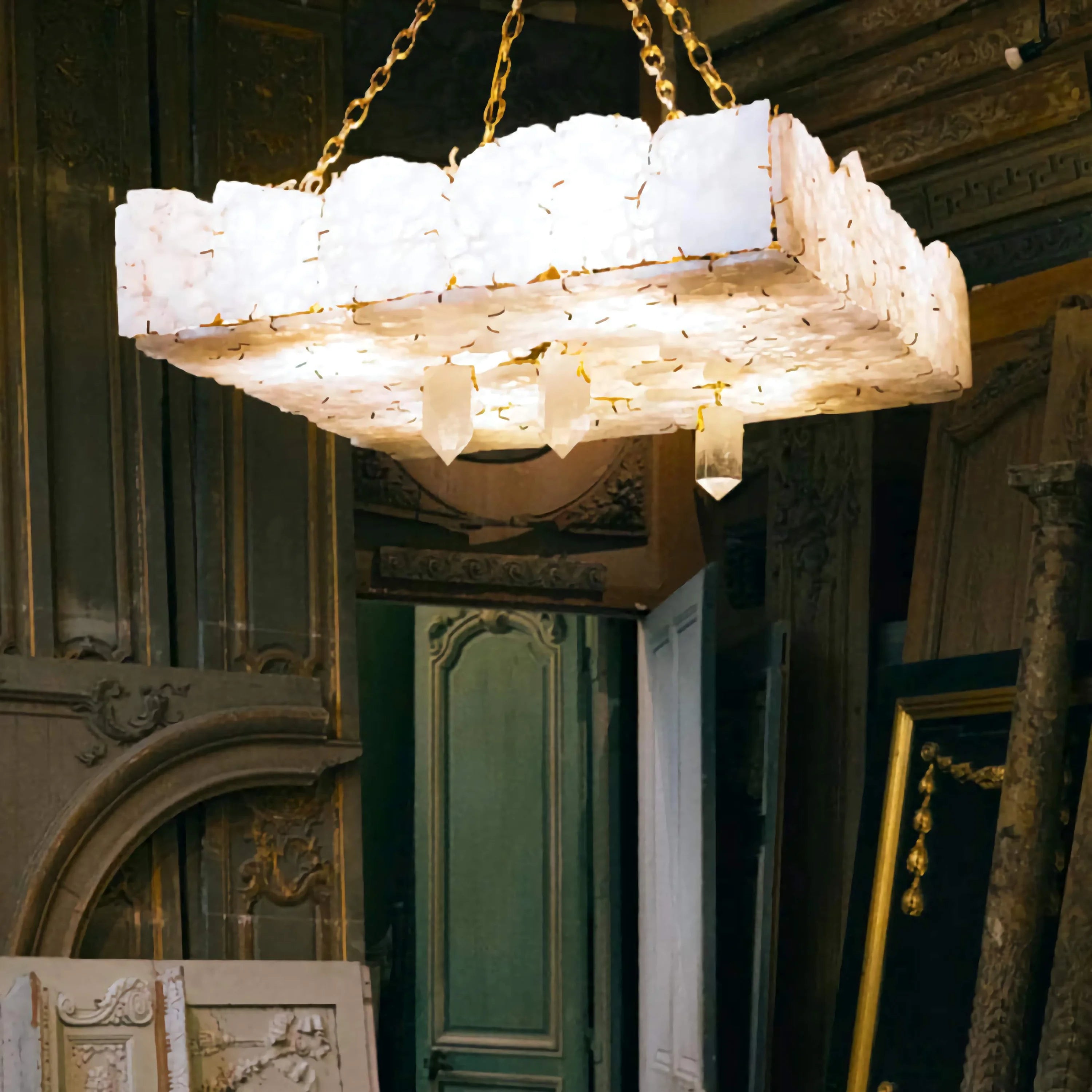 Handcrafted Marble & Gold Chandelier – Luxury Rectangular Lighting