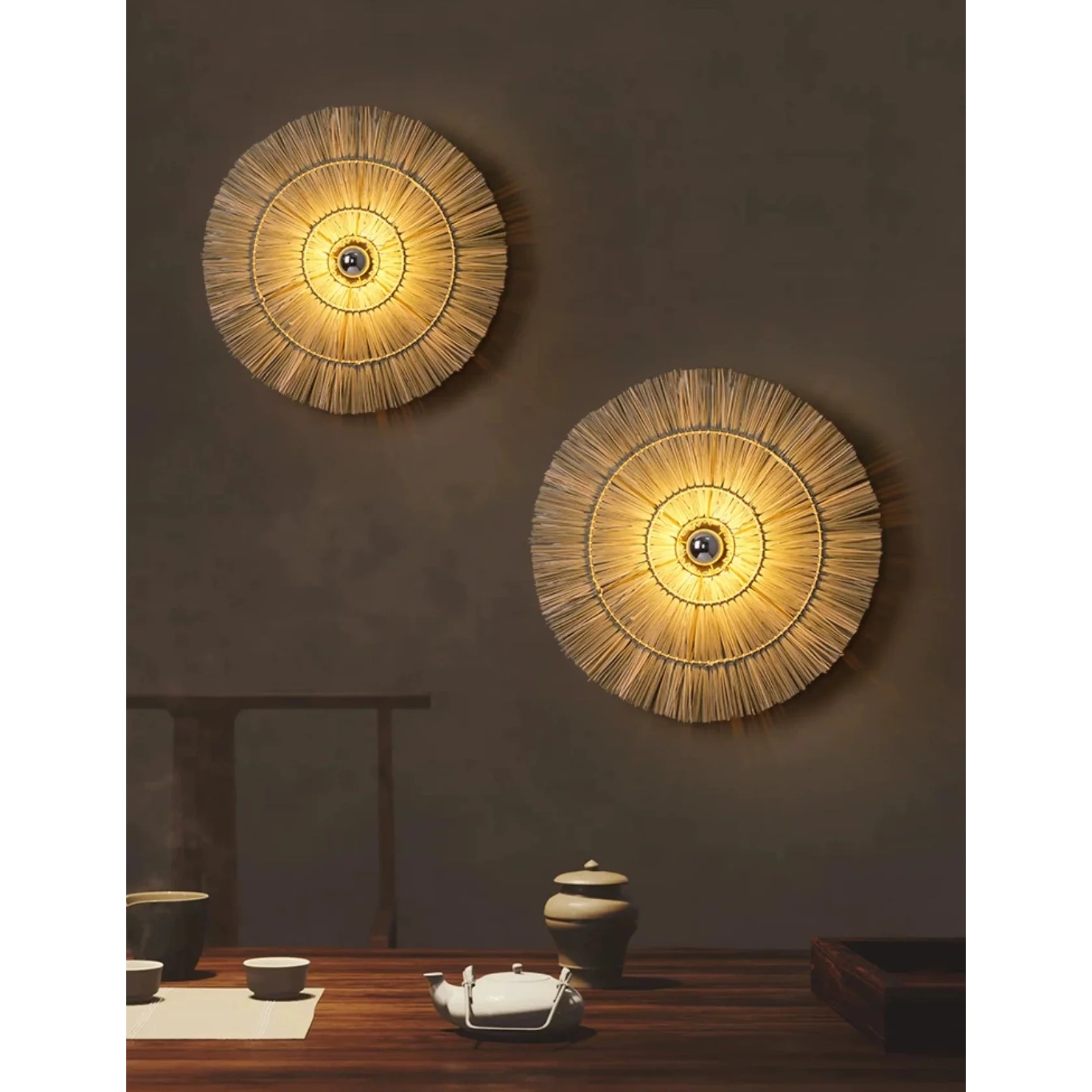 Handmade Straw Wall Lamp 40 Cm 60 80 Rattan Round Design