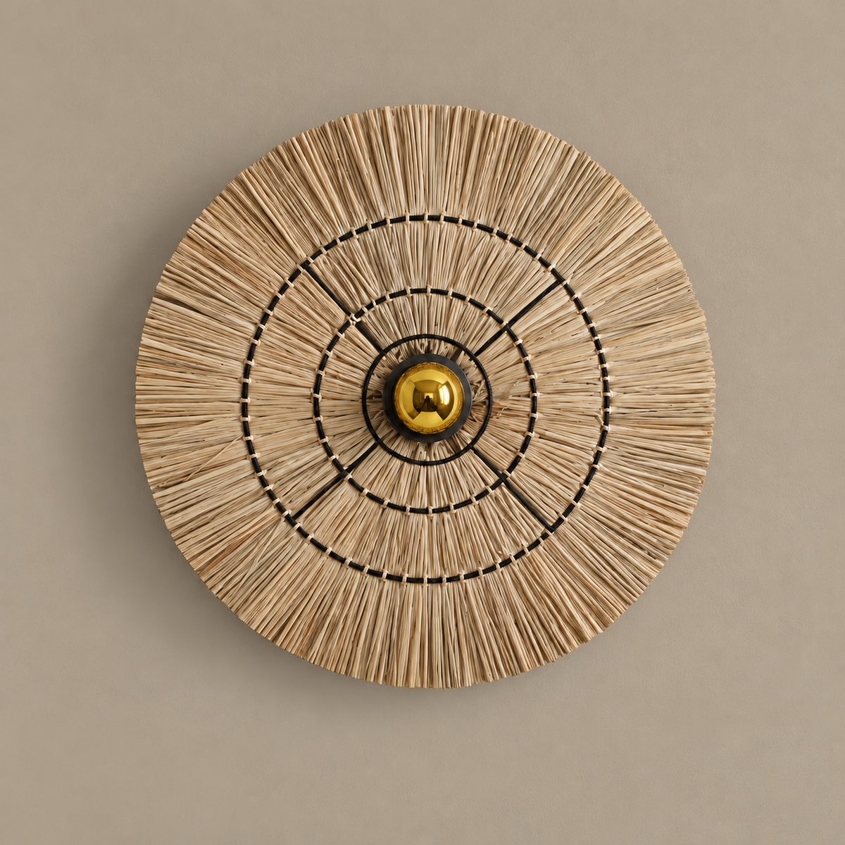 Rattan disc wall sconce, unlit on a stone-beige wall