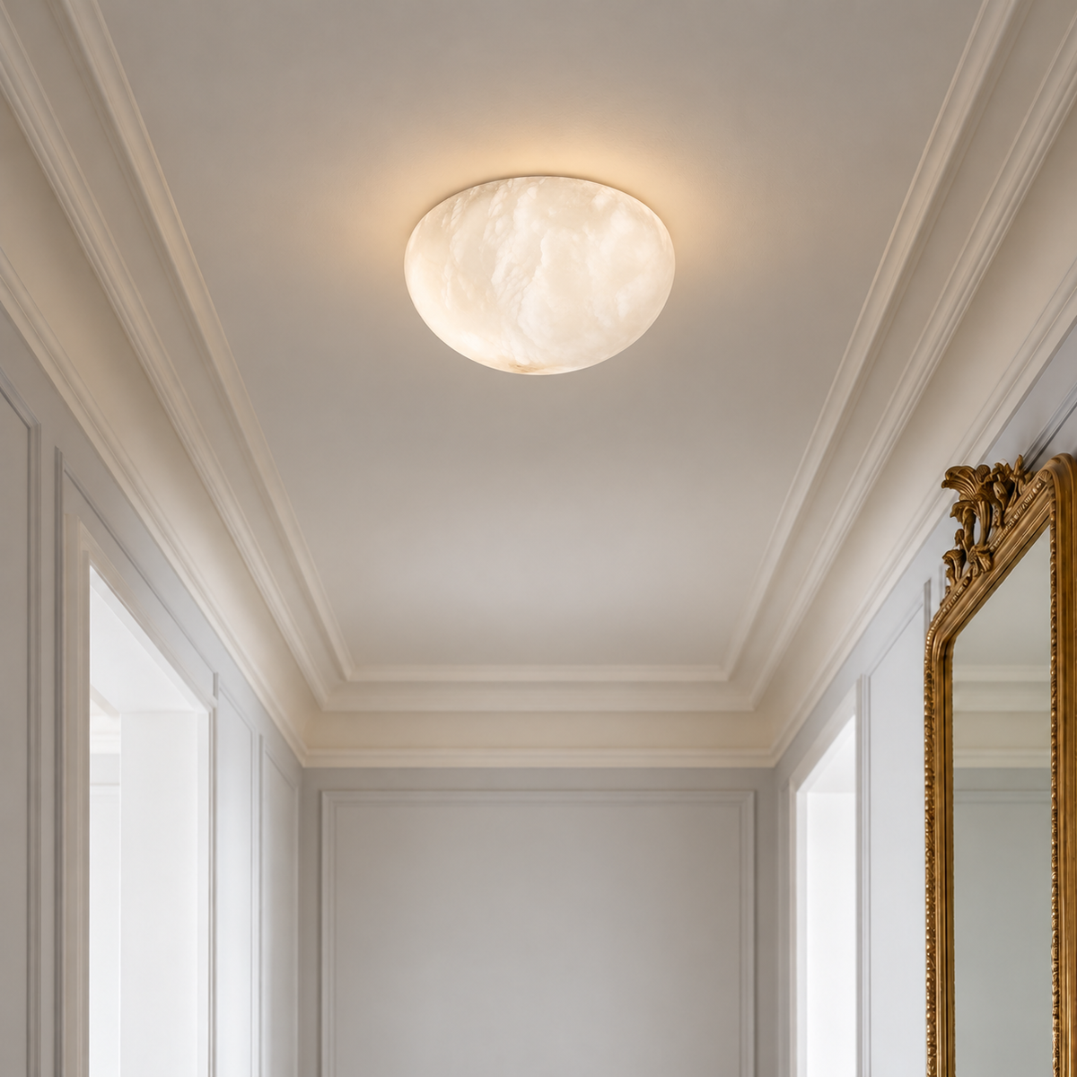Small alabaster dome ceiling light in a hallway with a gilt mirror and console.