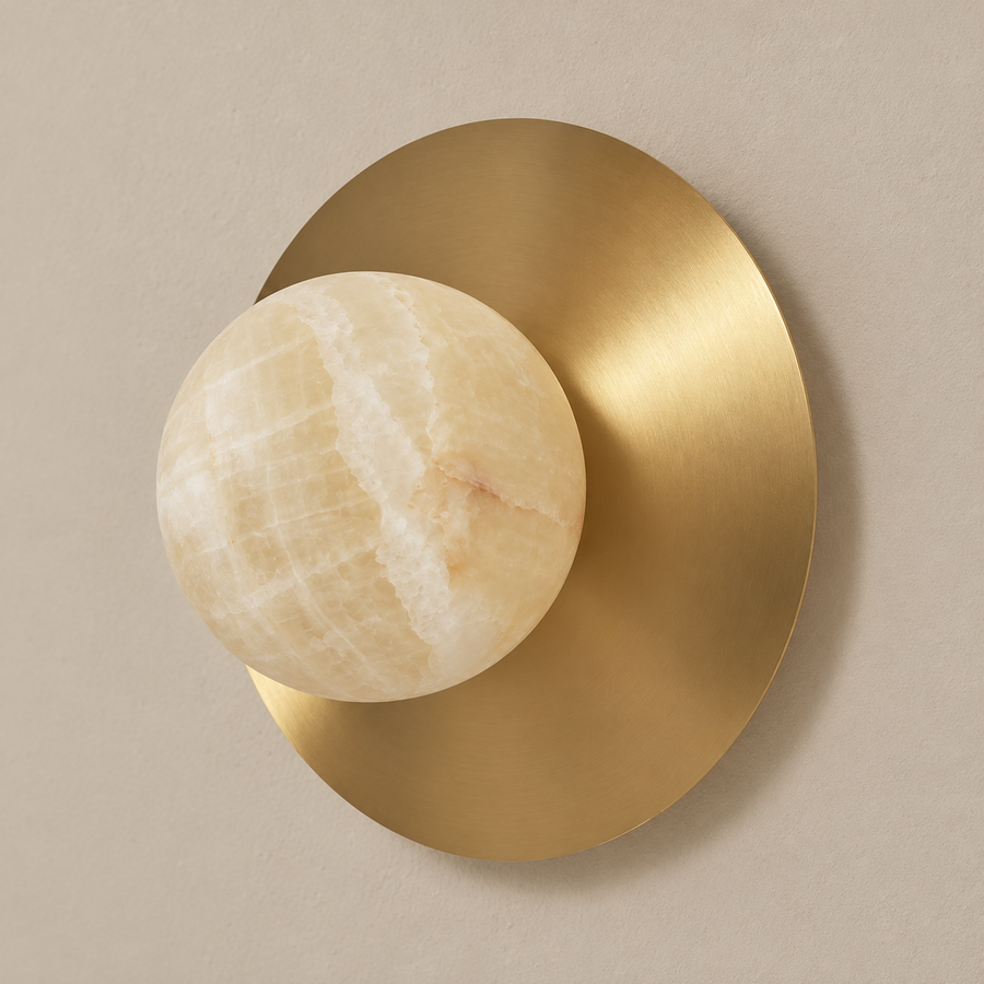 Honey Onyx Globe & Brass Disc Wall Sconce