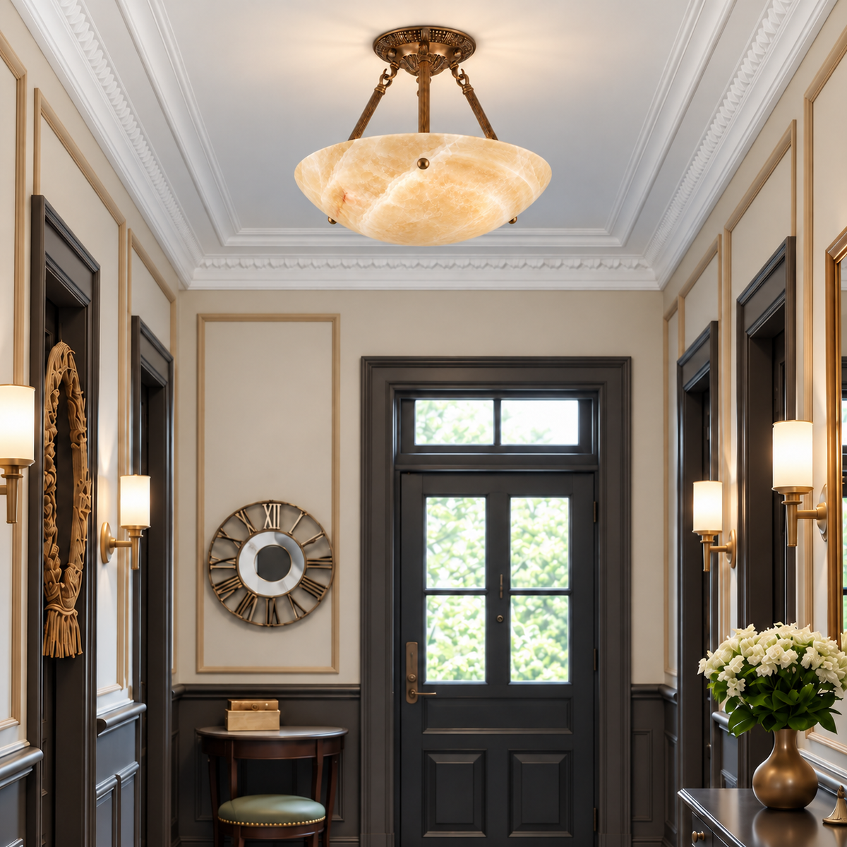 Honey onyx semi-flush light mounted to an entryway ceiling.