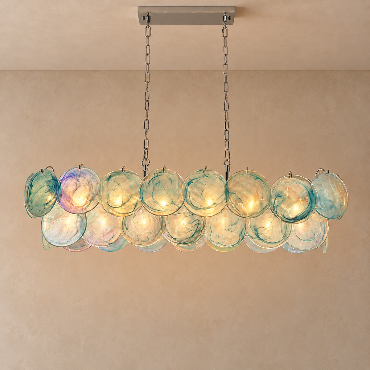 Iridescent Blue Glass Disc Linear Chandelier | Over a Kitchen Island Twin Chains Set to your Ceiling Casalola Lights