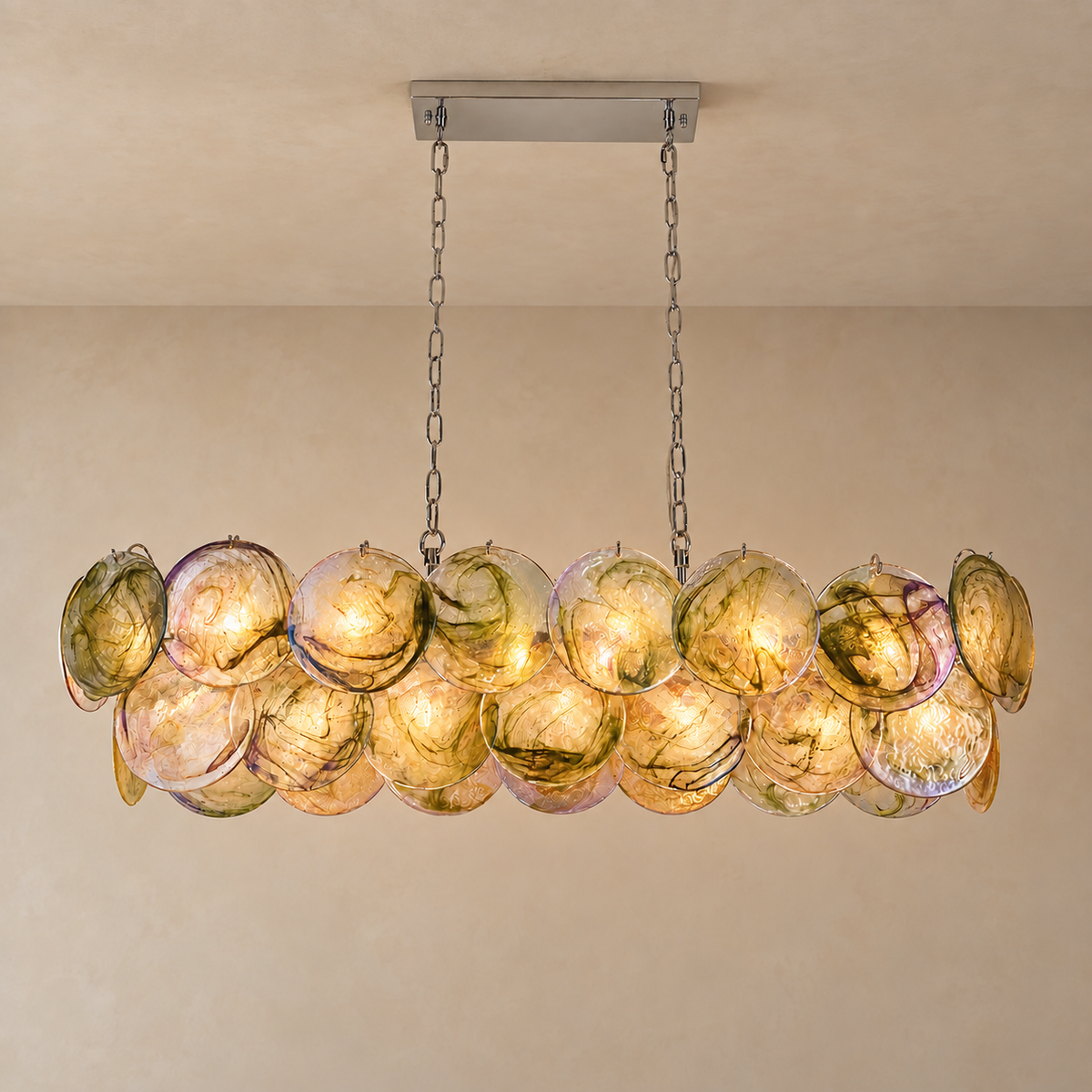 Iridescent Blue Glass Disc Linear Chandelier | Over a Kitchen Island Twin Chains Set to your Ceiling Casalola Lights
