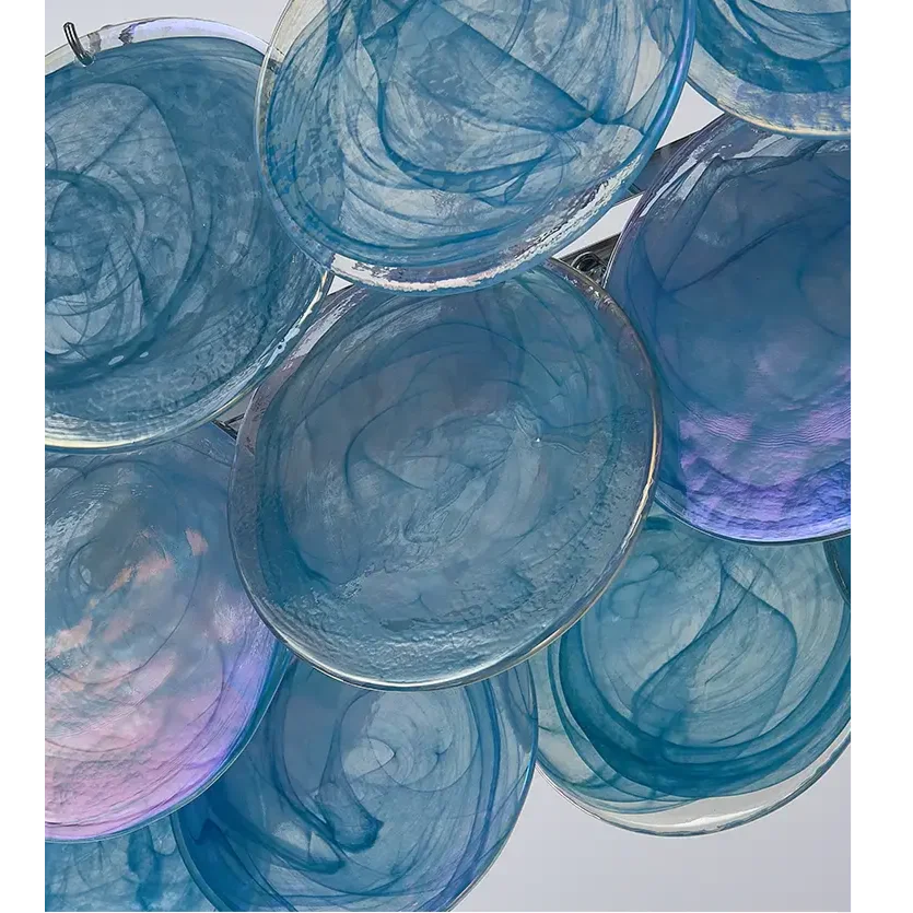 Hand Blown Glass Disc Chandelier | Iridescent Linear Pendant in Aqua Swirl | Modern Lighting for Island or Dining Table