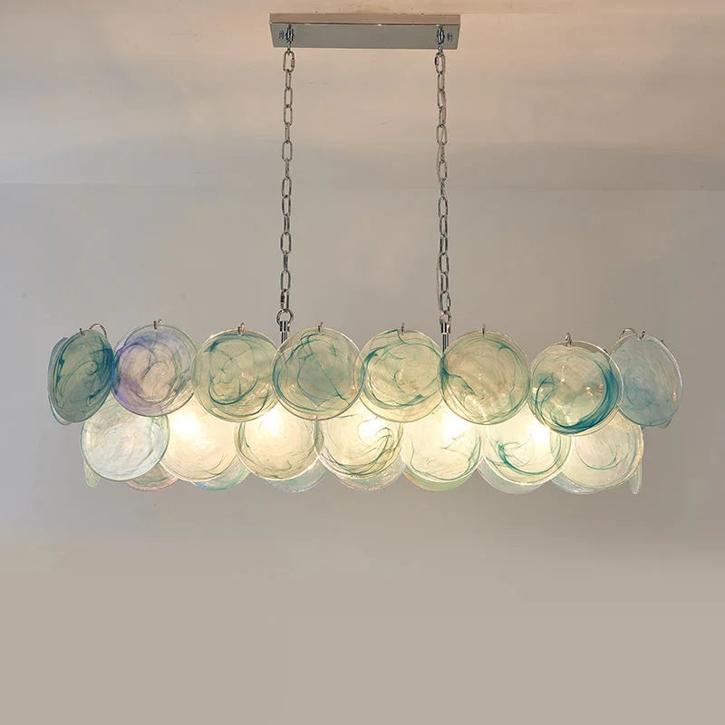 Hand Blown Glass Disc Chandelier | Iridescent Linear Pendant in Aqua Swirl | Modern Lighting for Island or Dining Table