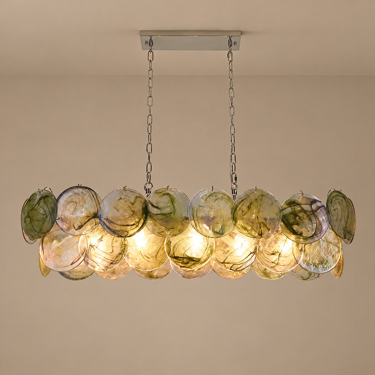 Linear Chandelier - Iridescent Green Discs Hand-blown Glass Casalola Lights Luxury Lamps for Interior Designers
