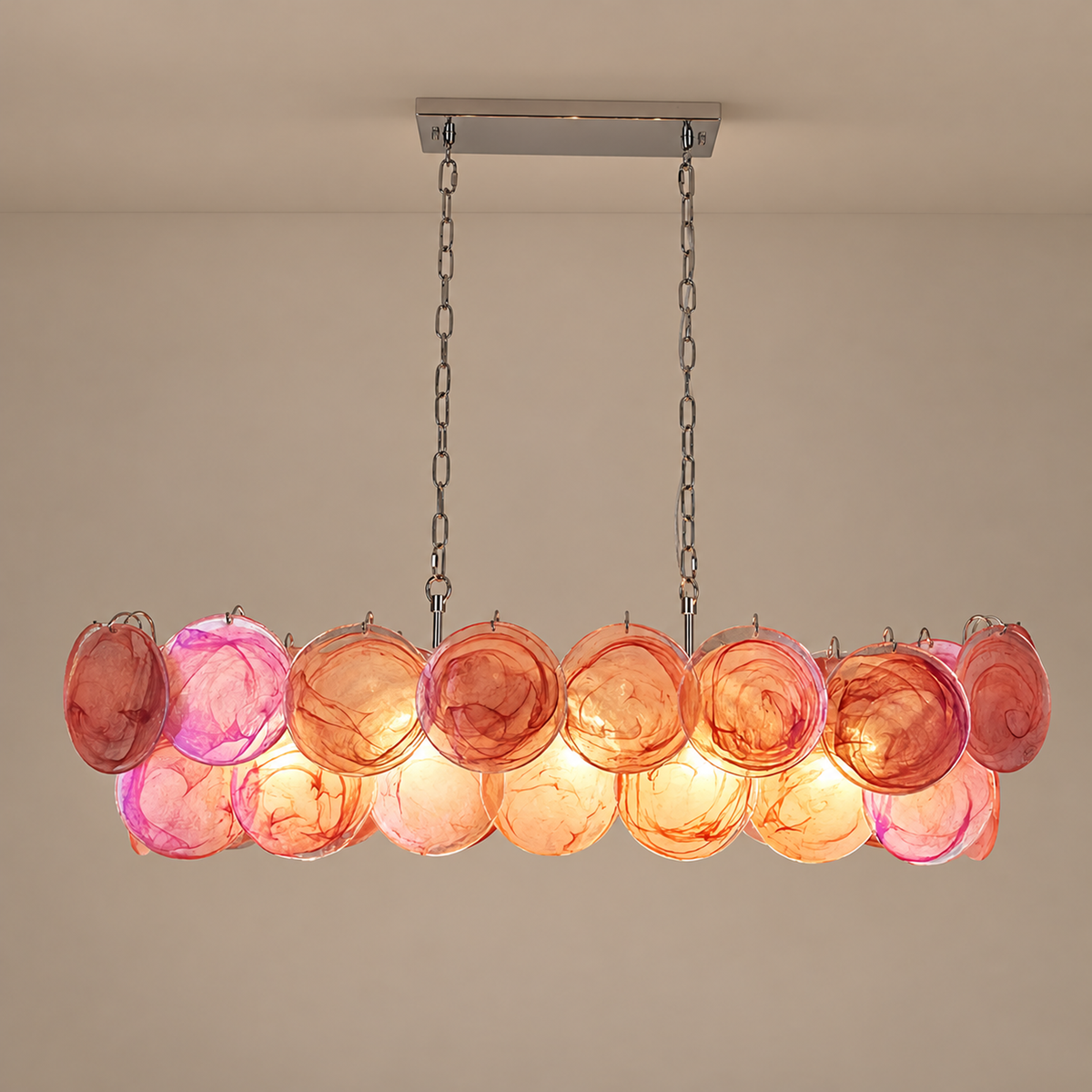 Linear Chandelier - Iridescent Green Discs Hand-blown Glass Casalola Lights Luxury Lamps for Interior Designers