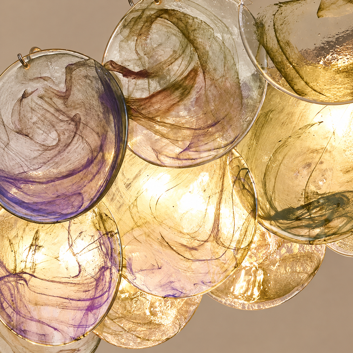 Linear Chandelier - Iridescent Green Discs Hand-blown Glass Casalola Lights Luxury Lamps for Interior Designers