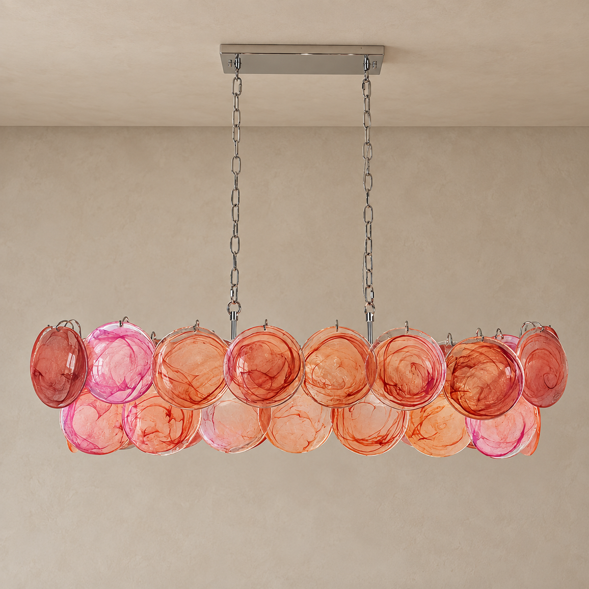 Iridescent Red Glass Disc Linear Chandelier | Over a Dining Table Twin Chains Adjusted to your Ceiling Casalola Lights