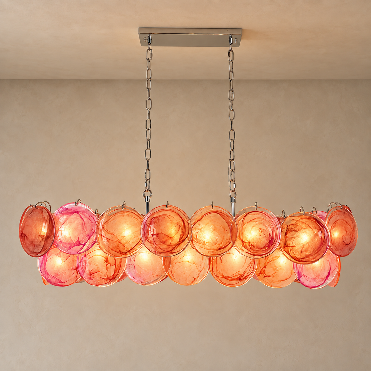 Iridescent Red Glass Disc Linear Chandelier | Over a Dining Table Twin Chains Adjusted to your Ceiling Casalola Lights