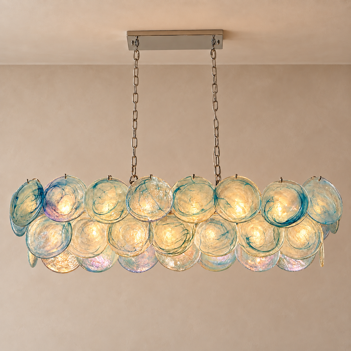 Iridescent Red Glass Disc Linear Chandelier | Over a Dining Table Twin Chains Adjusted to your Ceiling Casalola Lights