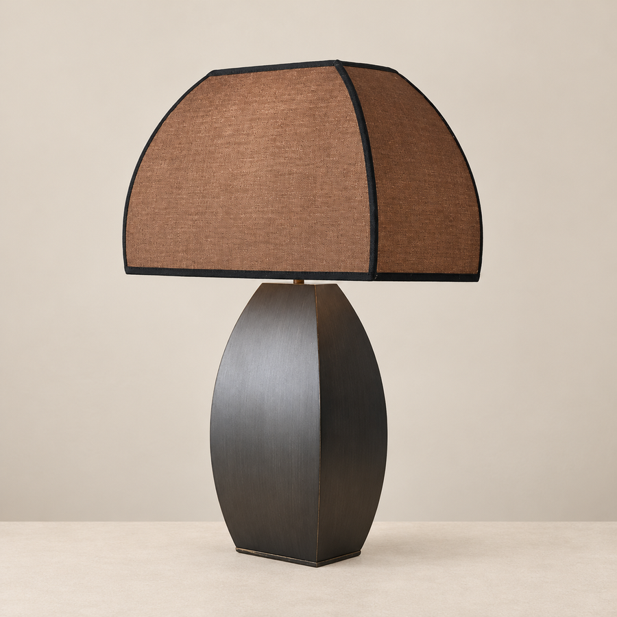 LÁMPARA DE MESA MODERNA DE HIERRO CON PANTALLA DE TELA OSCURA