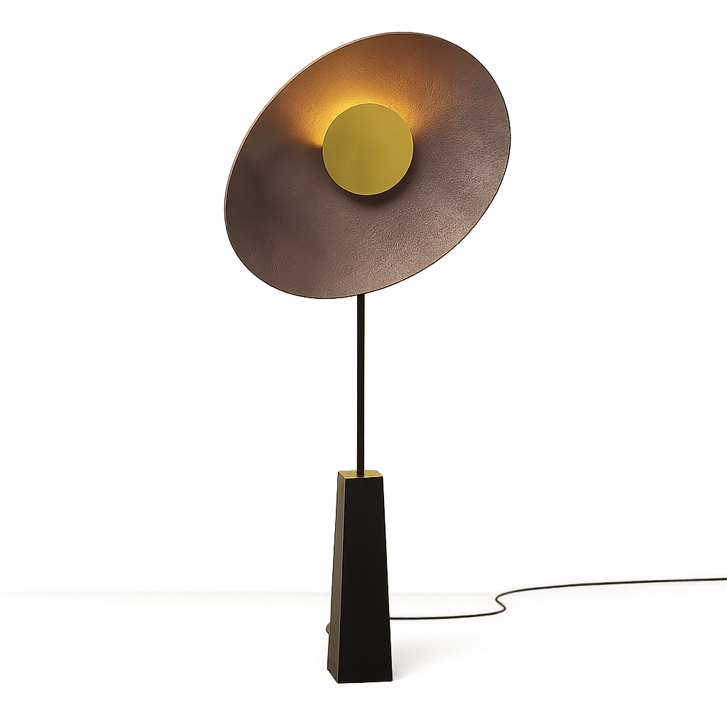 Modern table lamp with a metallic design on a white background