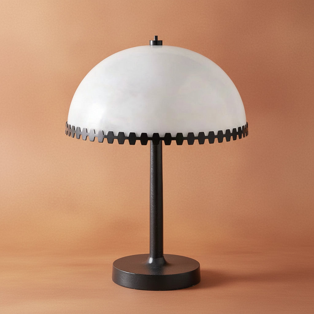 Japandi Alabaster Table Lamp in Blackened Steel for Living Room or Bedroom