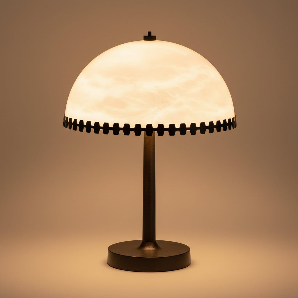 Japandi Alabaster Table Lamp in Blackened Steel for Living Room or Bedroom