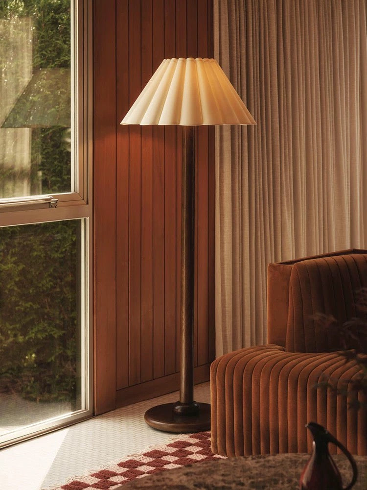 Japandi Wooden Pleated Shade Floor Lamp – Designer Minimalist Lighting