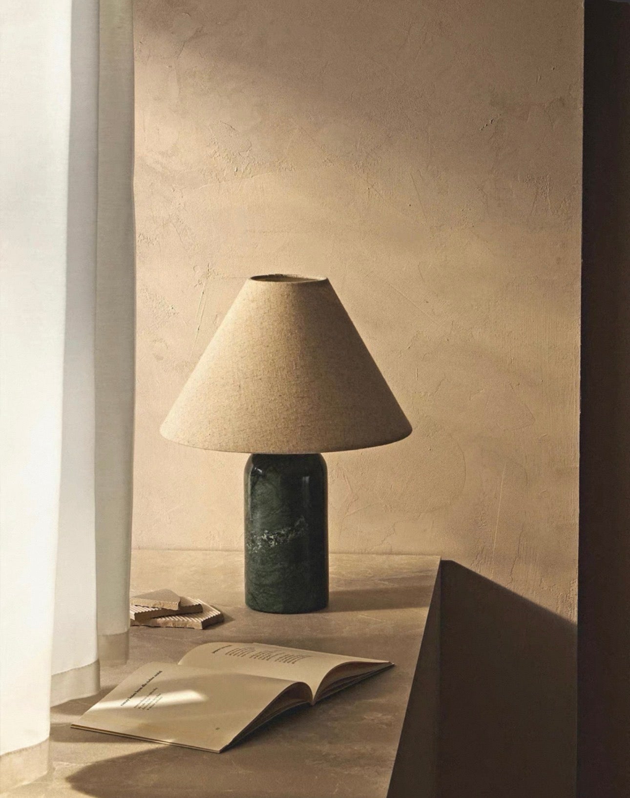 Japandi Green Marble Table Lamp with Linen Shade | Minimalist Bedside Lighting