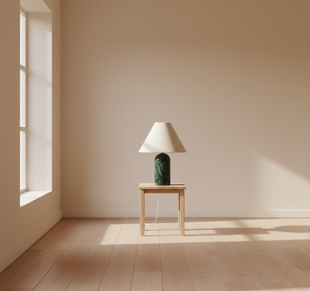 Japandi Green Marble Table Lamp with Linen Shade | Minimalist Bedside Lighting