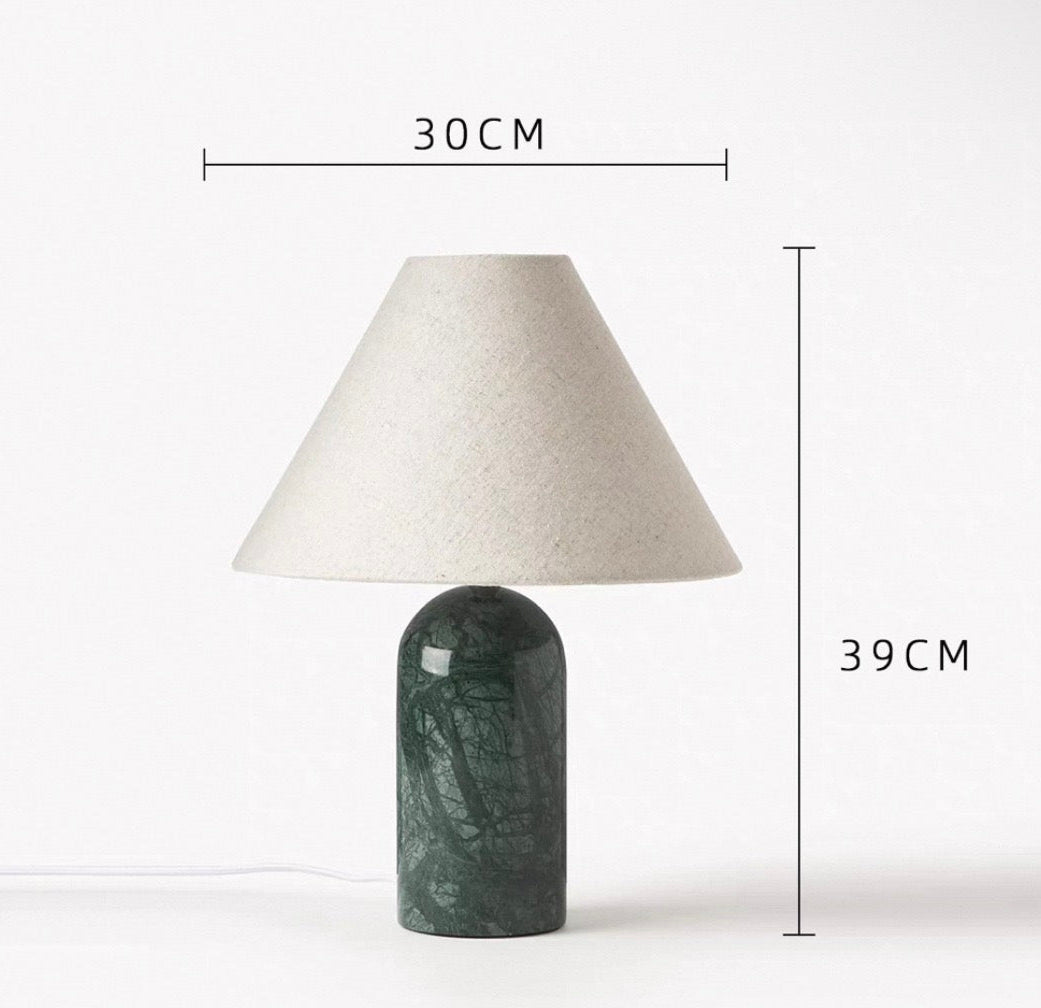 Japandi Green Marble Table Lamp with Linen Shade | Minimalist Bedside Lighting
