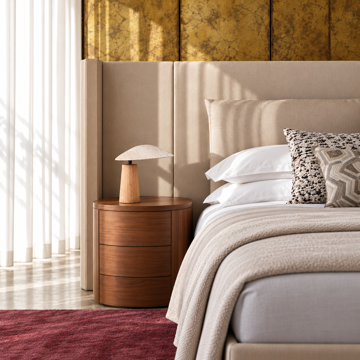 Kezawa Table Lamp on a walnut bedside table.