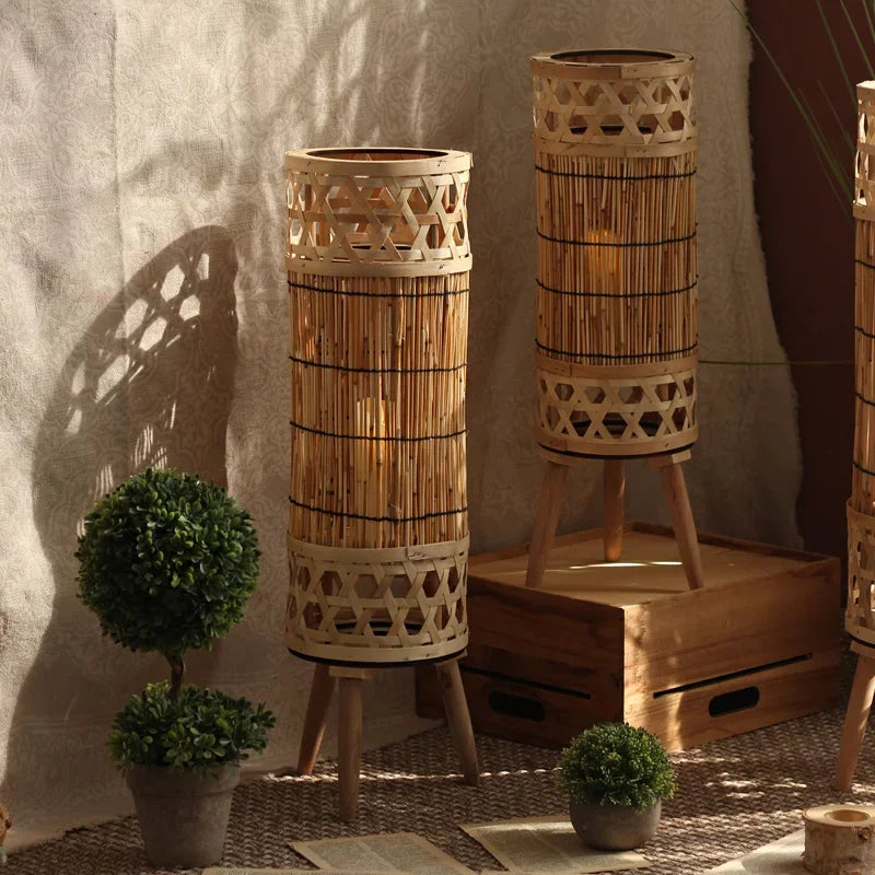 Knitted Bamboo Tower Lamp | Handwoven Lattice Floor Light Sustainable Natural Fibre Living & Bedroom Casalola Lights