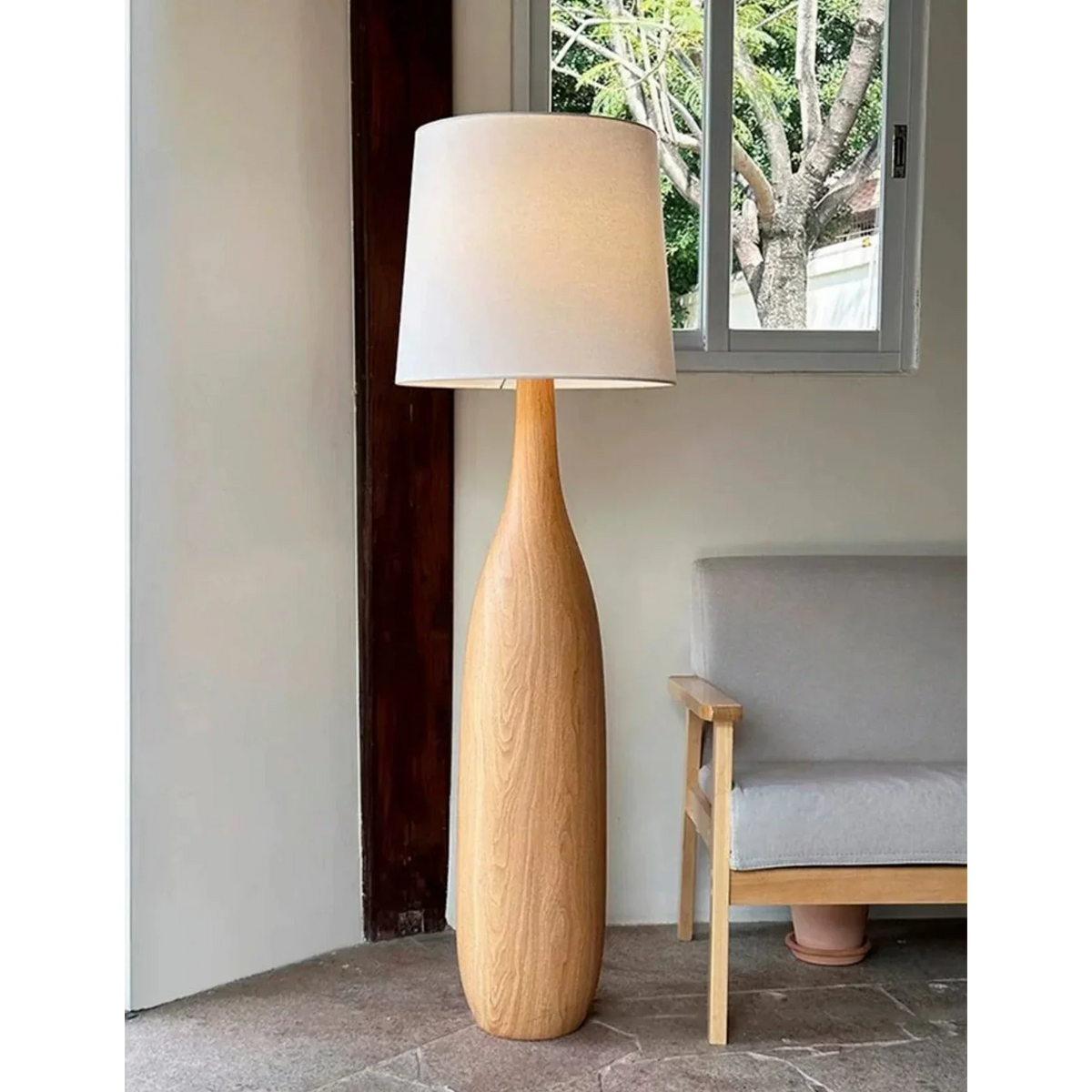 Resin Floor Lamp 145cm | Woodgrain Base & Linen-shade Japandi Minimalist Living Room Casalolalights Luxury Lamps