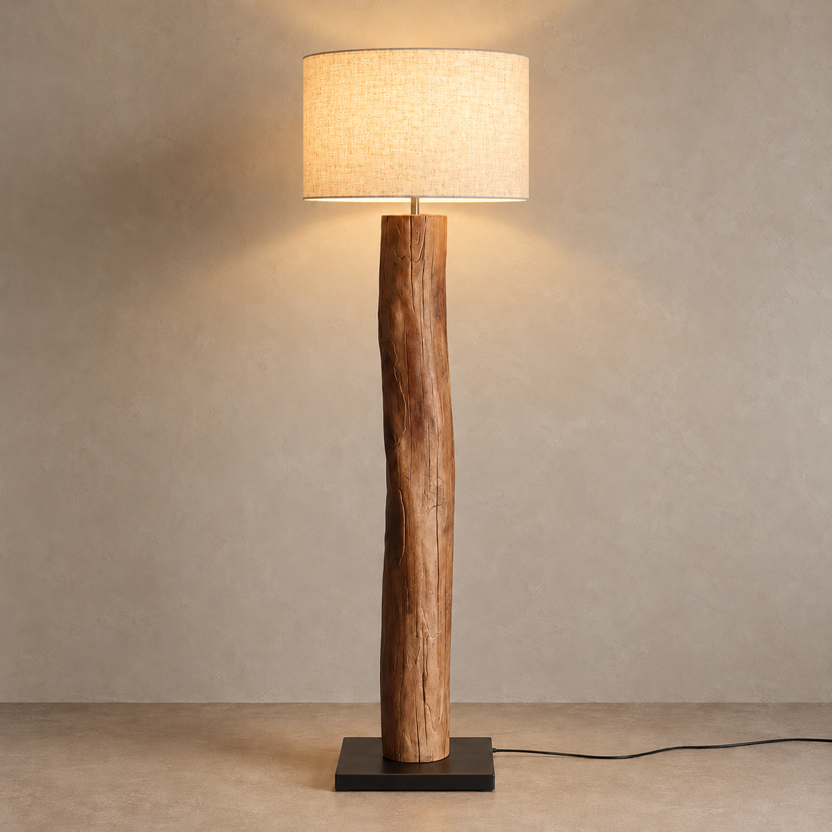 Legno Rustico 130 cm floor lamp illuminated, showing the fabric drum shade and wood grain.