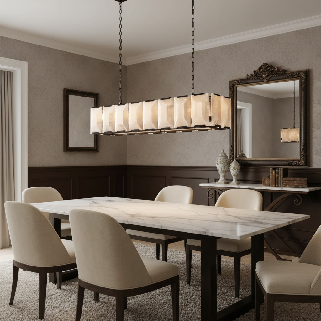 Linear Alabaster Chandelier for Dining Room | 100cm 120cm Black Stainless or Brass Industrial Casalolalights Luxury