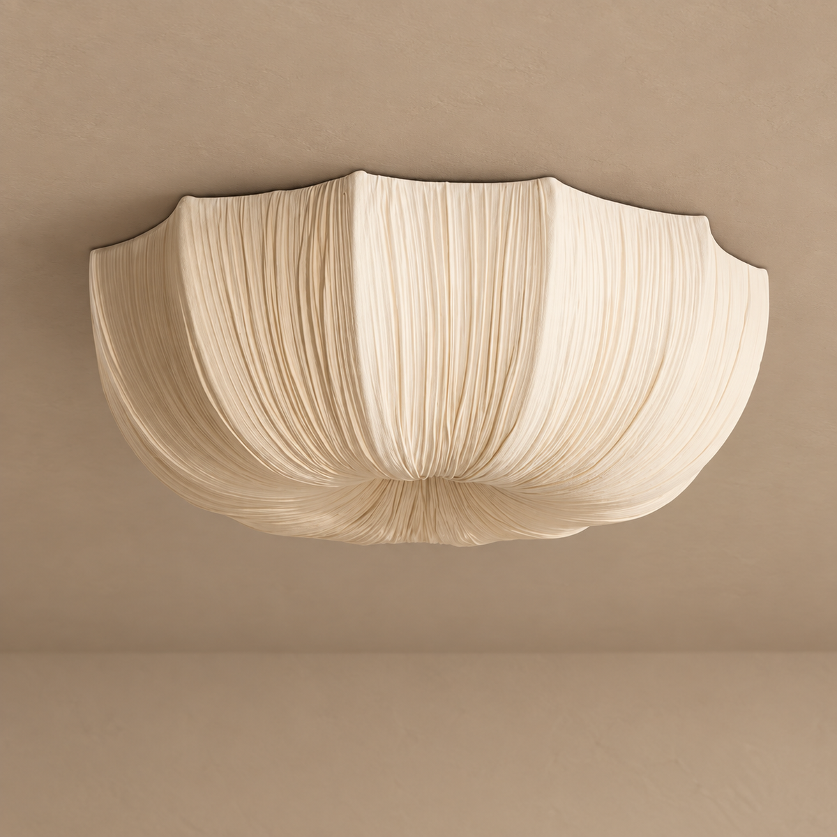 Draped linen flush mount ceiling light with scalloped rim, unlit