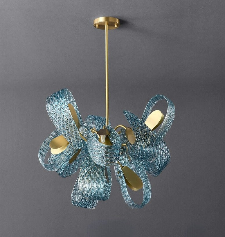 Blue Crystal Bows Chandelier | Art Nouveau - inspired Glass And Iron Lighting | Luxurious Led Fixture For Living Dining