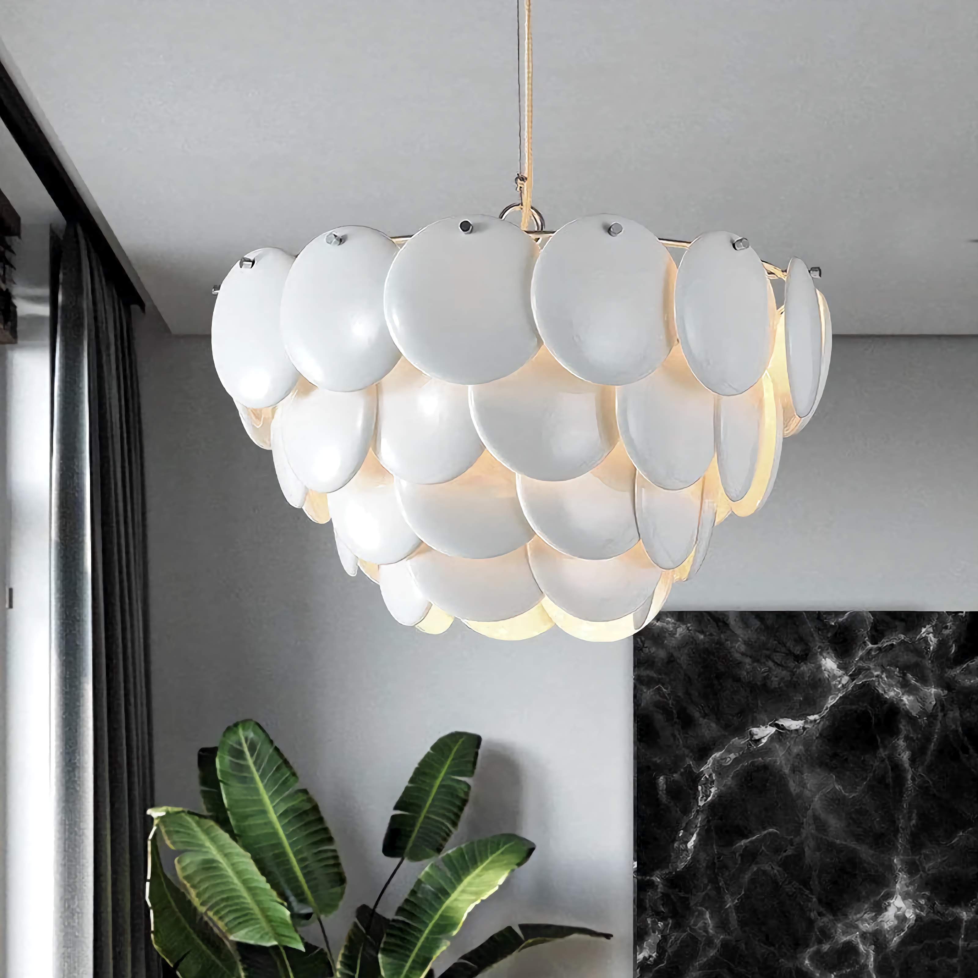 Luxurious Round Chandelier | Layered Scale Pattern | Glass or Ceramic | White | Semi-flush Mount
