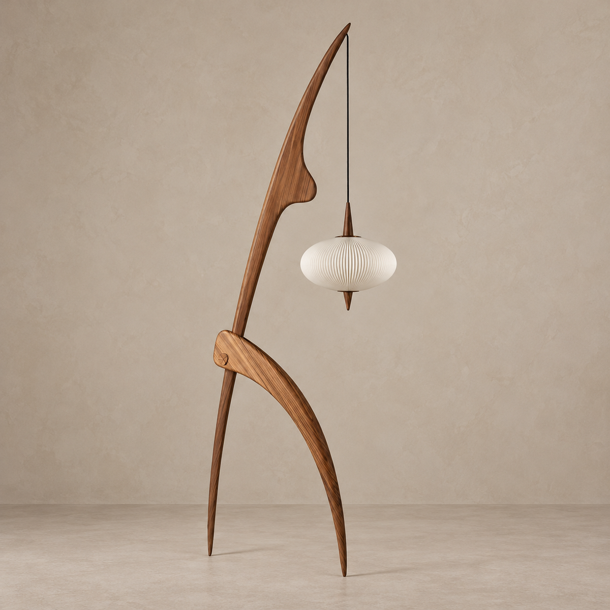 Mantis CL20D025 floor lamp in Walnut finish with a suspended ribbed white shade, switched off