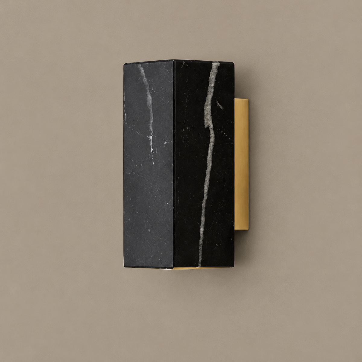 Marble block and brass wall sconce, black square version, unlit