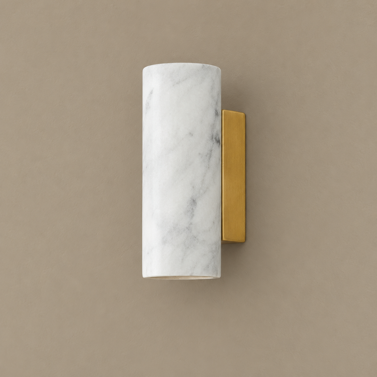 Marble block and brass wall sconce, white round version, unlit