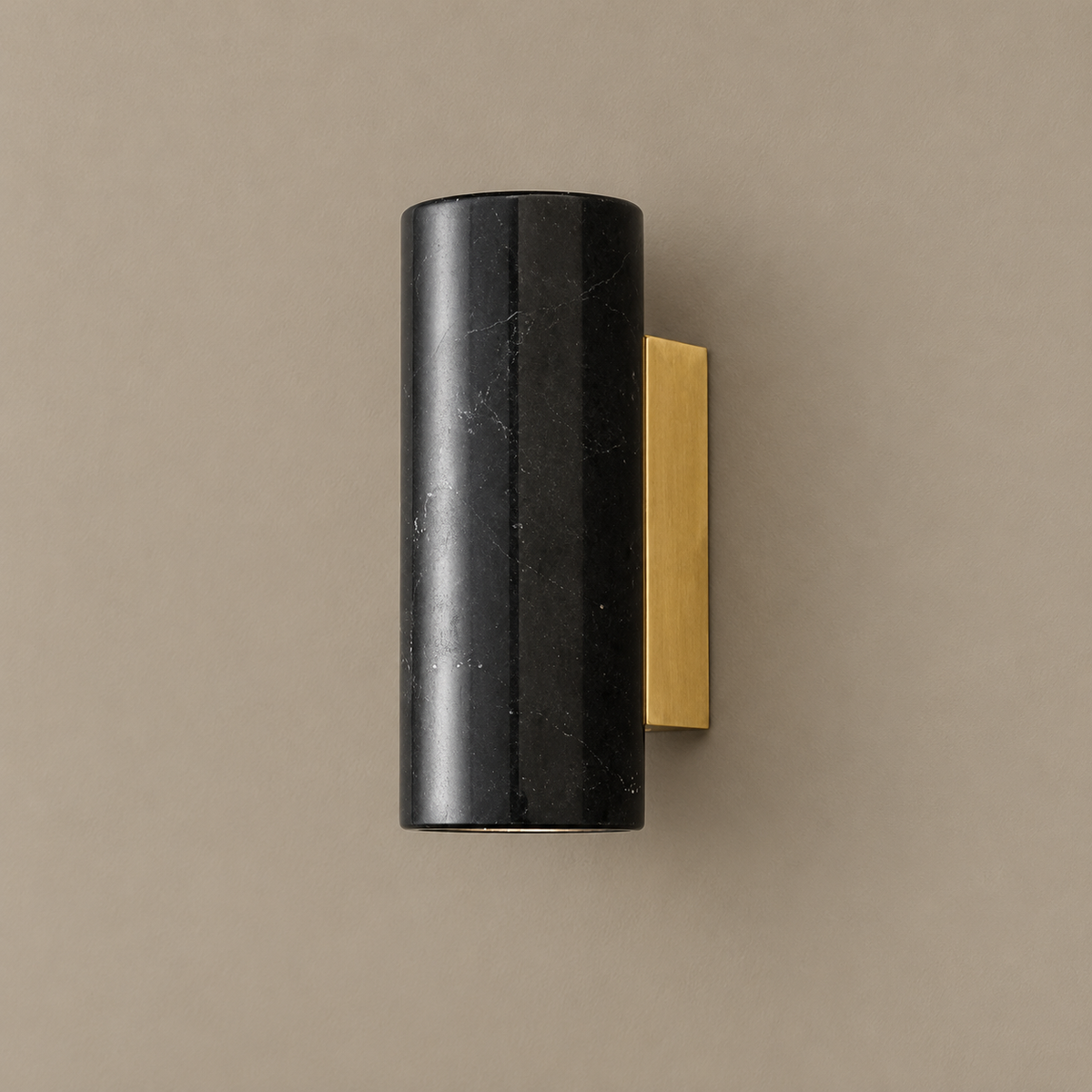Marble block and brass wall sconce, black round version, unlit