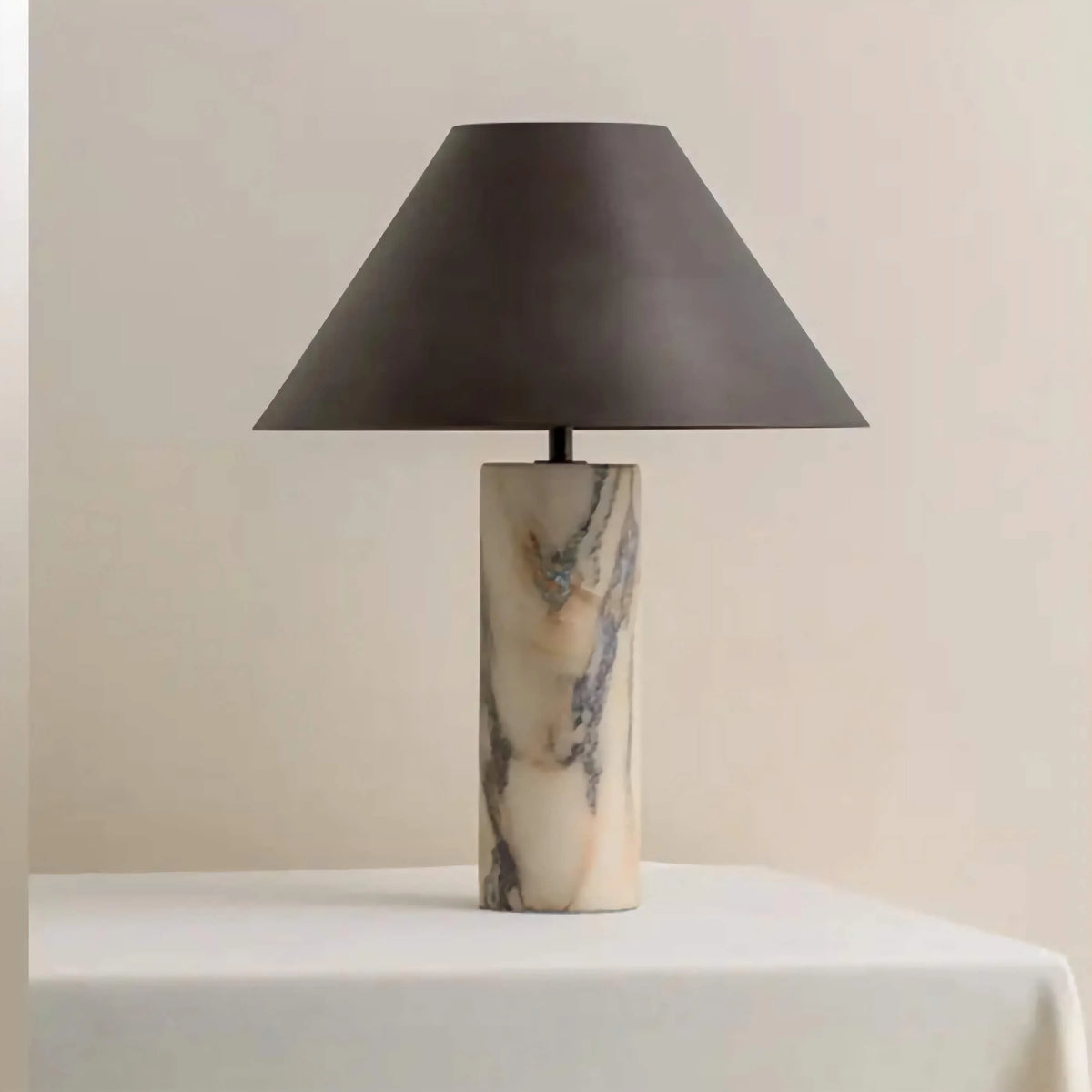 Marble Table Lamp for Bedroom and Office Desk | Small Stone Column Black Steel Shade Dimmable Option Casalola Lights