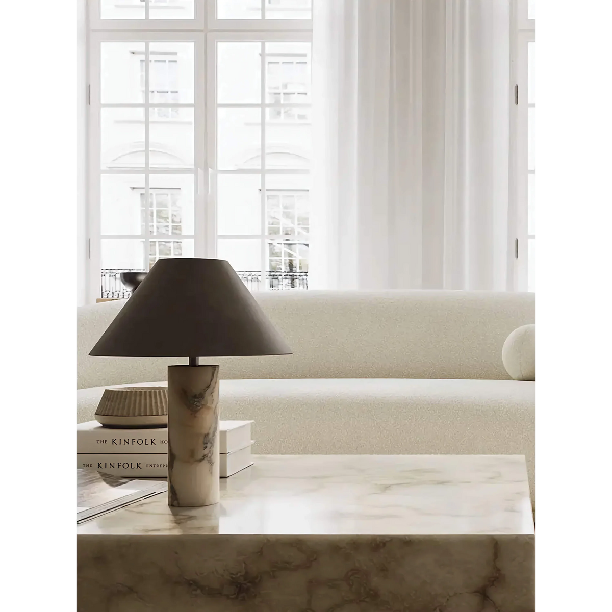 Marble Table Lamp for Bedroom and Office Desk | Small Stone Column Black Steel Shade Dimmable Option Casalola Lights