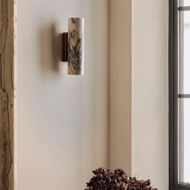 Genuine Marble Cylinder Wall Sconce Brass | Small Vanity Narrow Hallway Light Soft Halo 2700k Casalola Lights Luxury