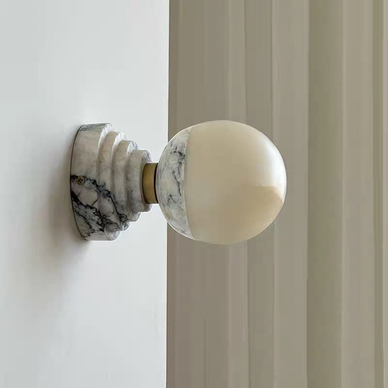 Marble Globe Wall Sconce – 11 Cm Stone & Brass Light for Bedroom Hallway or Vanity