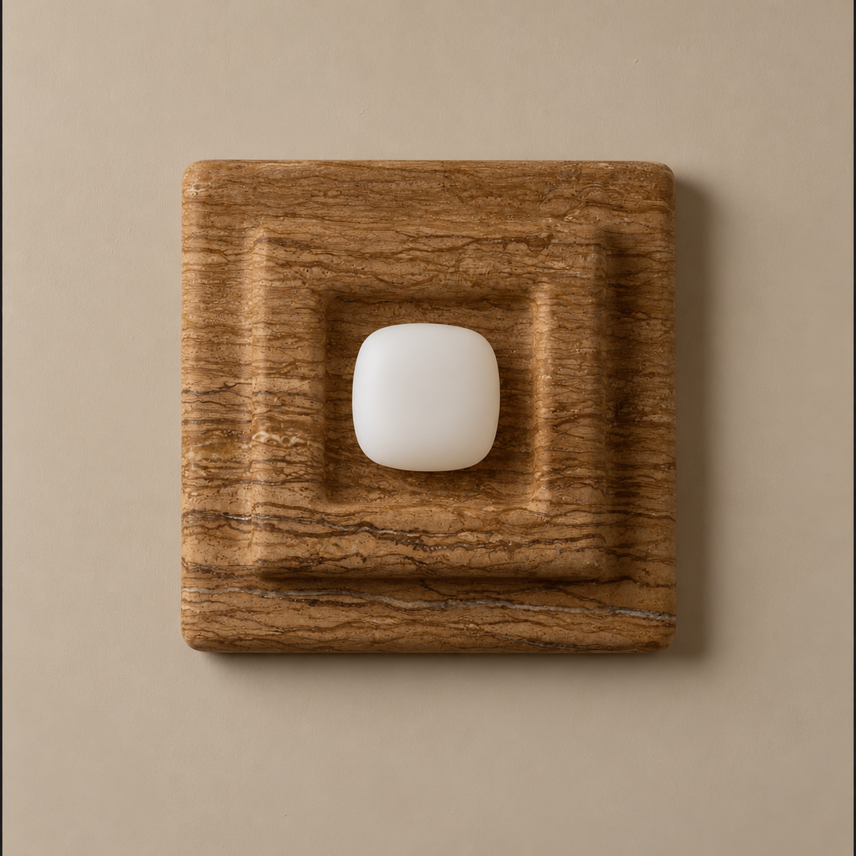 Brown stone square wall sconce with an opal diffuser.