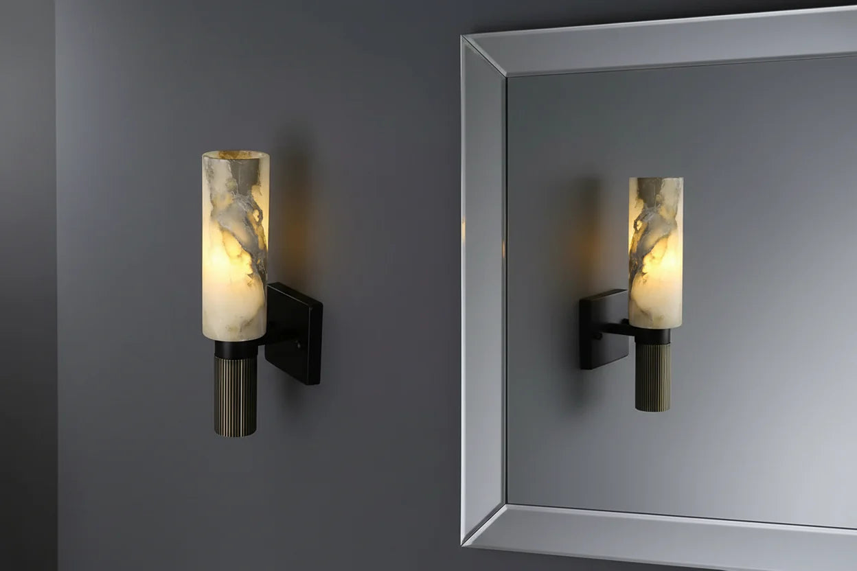 Marble Wall Sconce 38cm | Natural Stone Base & Frosted Glass Globe Light Living Room Bedroom Hallway Casalolalights