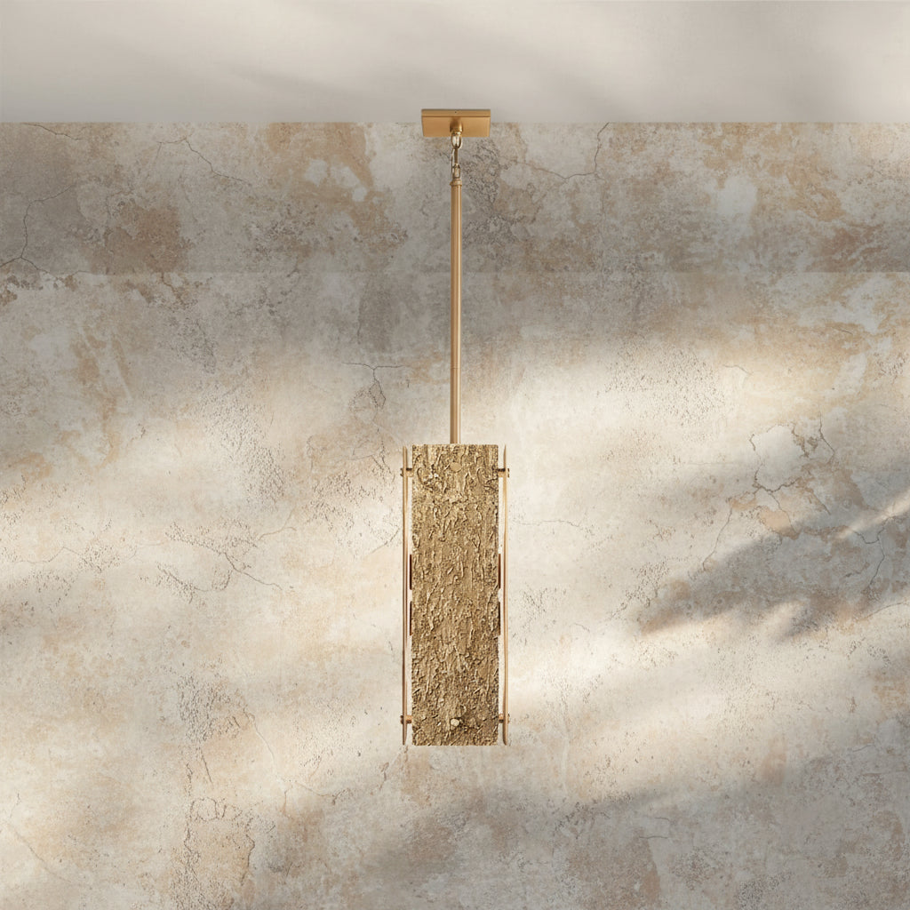 Solid Brass Brutalist Pendant Light | Wabi-sabi Organic Texture | 19’’ Rectangular Body | Custom Rod Heights | Casalola