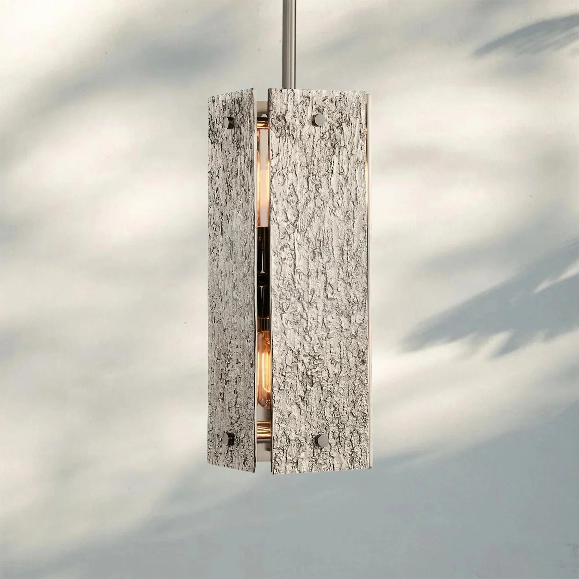 Solid Brass Brutalist Pendant Light | Wabi-sabi Organic Texture | 19’’ Rectangular Body | Custom Rod Heights | Casalola