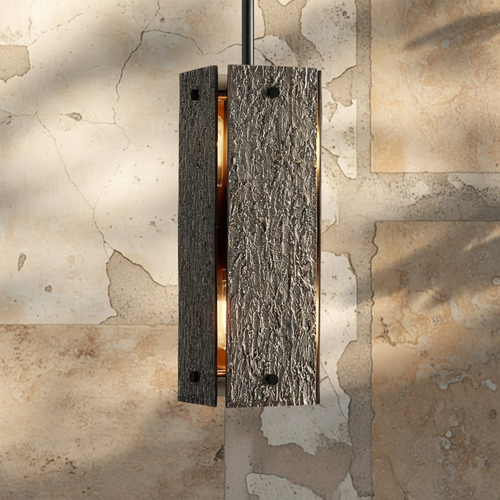 Solid Brass Brutalist Pendant Light | Wabi-sabi Organic Texture | 19’’ Rectangular Body | Custom Rod Heights | Casalola