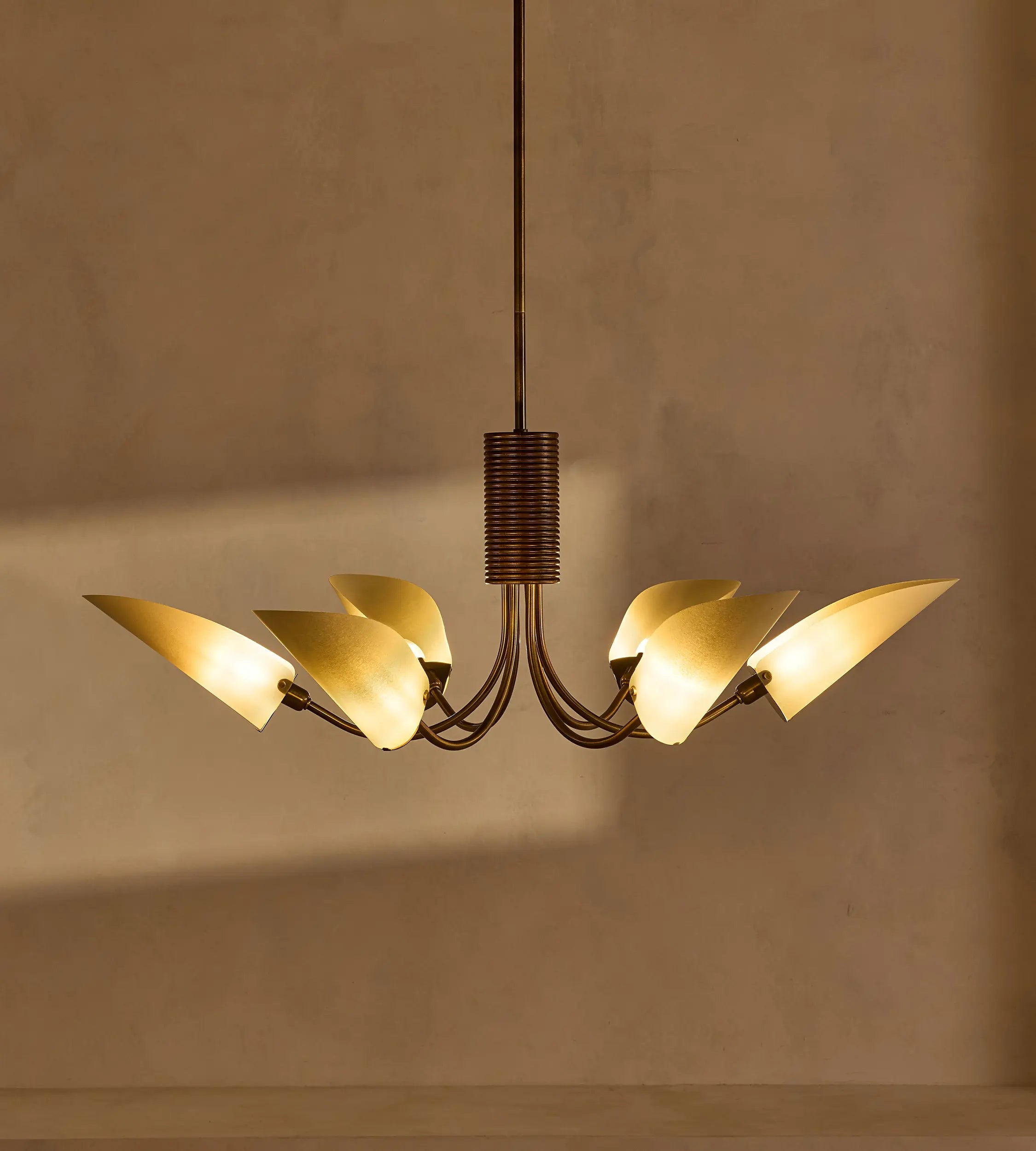 Mid-century brass and cream fabric 6-light chandelier, alternative view